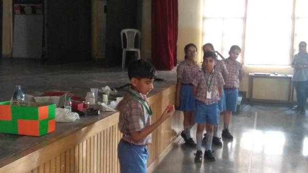 Students of classe 4 to 7 talke part ian interactive session on how major part of the trash in homes is plastic